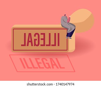 Male Character Wrapped in Blanket with Hot Drink Cup in Hands Sitting on Huge Rubber Seal Stamp. Illegal Immigrant Deportation, Immigration and Law Violation Concept. Cartoon Vector Illustration