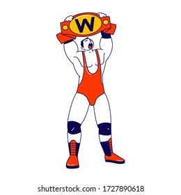 Männlicher Charakter Wrestling Kämpfer Gewinner Holding Golden Gelt über Kopf. Sport, Show Performance, Kampf auf der professionellen Arena. Boxen oder Greco-römischer Schlachtwettbewerb. Linear Vector Illustration