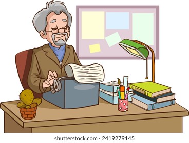 Male Character Writer, Writer or Editor Sitting at the Desk with Typewriter and Books Around Him. Man Writes Book or Article on Vintage Typewriter. Cartoon People Vector Illustration