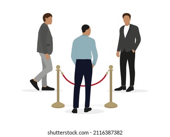 Male characters in business attire stand on opposite sides of the fence posts with a red cord