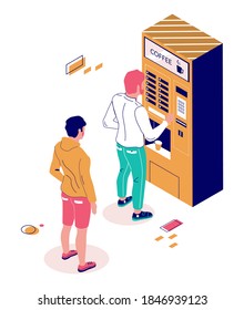 Male characters buying coffee drink from coffee vending machine, flat vector isometric illustration. Vending machine technology.