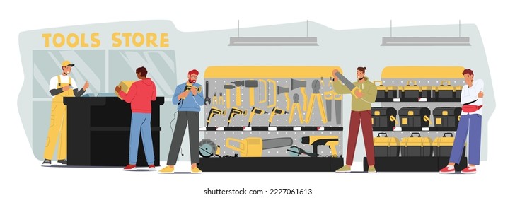 Male Characters Buying Tools and Instruments in Hardware Shop. Men Choose Devices for Fixing, Carpentry, Renovation or Repair Needs. Construction Equipment Store. Cartoon People Vector Illustration