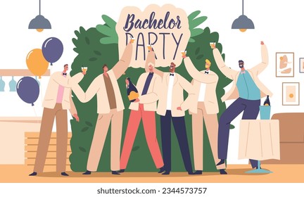 Male Characters Celebrate Bachelor Party. The Groom-to-be With Close Friends And Family, Engage Activities, Drinks