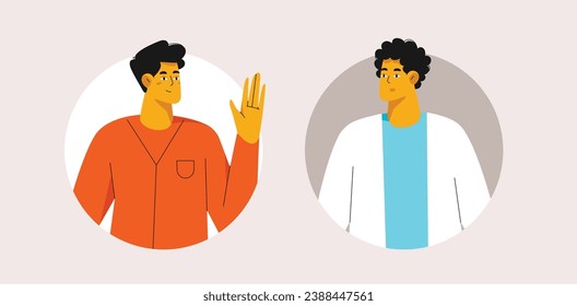 Male characters in circles. Workers in vector style.
