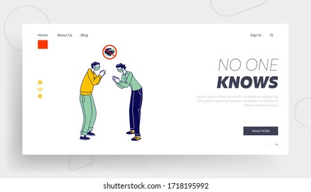 Male Characters Clap Hands Greeting Each Other Landing Page Template. Friends or Colleagues Alternative Non-contact Greet During Covid19 Pademic. Distancing, Safety. Linear People Vector Illustration
