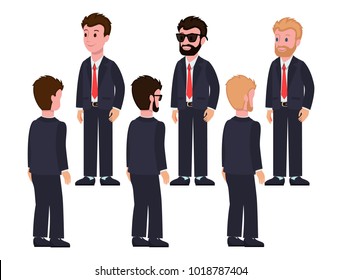 Male characters in classic formal suits and red ties from front and back views isolated cartoon flat vector illustrations set on white background.
