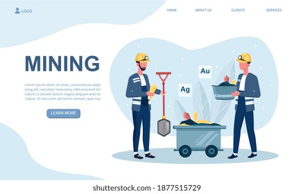 Male characters coal mining. Men in uniform with shovel and dolly working underground. Concept of extraction industry. Website, web page, landing page template. Flat cartoon vector illustration
