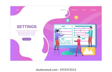 Male characters are controling settings. Men are setting preferences for other users together. Website, web page, landing page template. Flat cartoon vector illustration