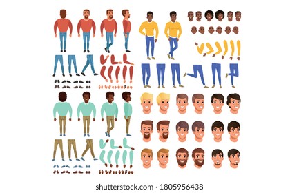 Male Characters Creation Set, Guy Constructor with Various Views, Face Emotions, Poses Cartoon Style Vector Illustration