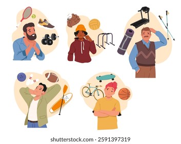 Male characters of different ages choosing sport activity for everyday hobby routine isolated cartoon set. Teenage, young, adult, retired men making choice between sportive game, fitness and gym class