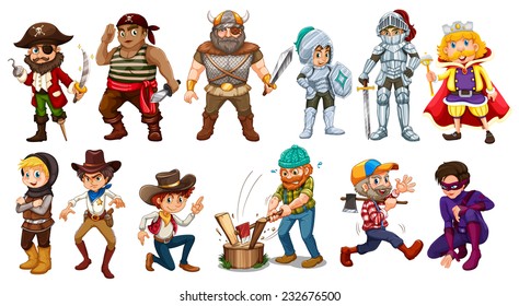 Male characters in different costumes