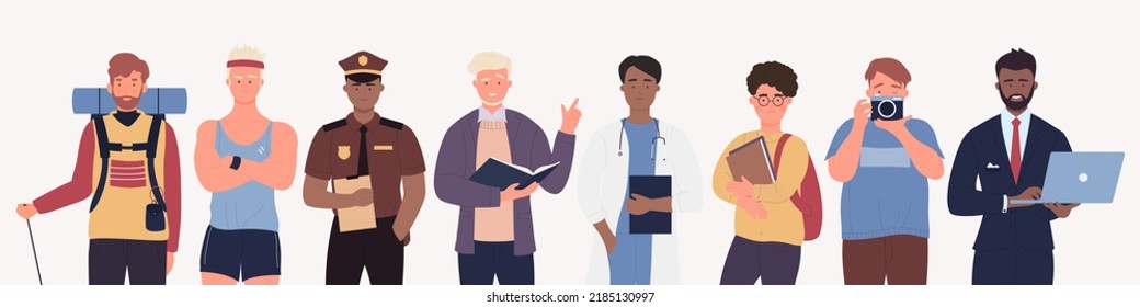 Male characters of different occupations and professions set vector illustration. Cartoon professional doctor teacher businessman policeman student photographer traveler athlete isolated on white