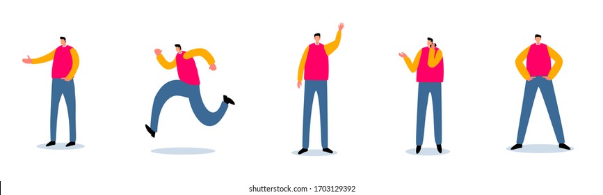 Male characters in different poses doing things. Brochure flyer poster. Cartoon flat vector illustration. A series of men for designers work. People with small heads and giant bodys. Active guys.