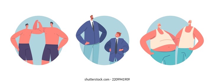 Male Characters with Distorted Perception Isolated Round Icons. Skinny and Fat Men Dreaming To Be Strong or Slim, People with High Inadequate Self-esteem, Dysmorphophobia. Cartoon Vector Illustration