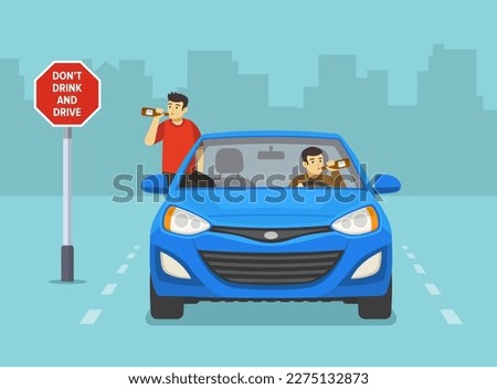Male characters drinking alcohol while driving a blue car on road with "Don't drink and drive" traffic sign. Front view. Flat vector illustration template.