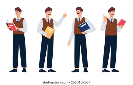 Male characters explain classes isolated on white background. Set of character a handsome man in casual clothes in different poses. Teacher collection concept. Vector illustration.