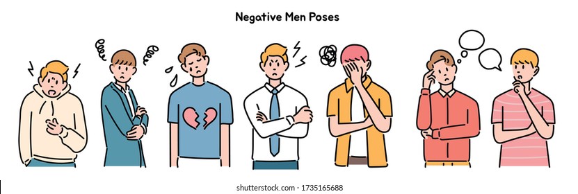 Male characters expressing negative emotions. hand drawn style vector design illustrations. 