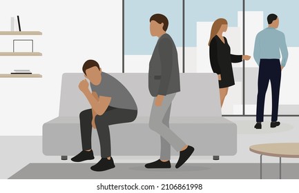 Male characters and female character in business clothes communicate in the room