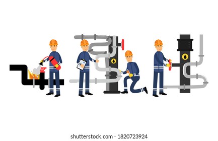 Male Characters Fixing Pipeline in Petroleum Industry Vector Illustration Set