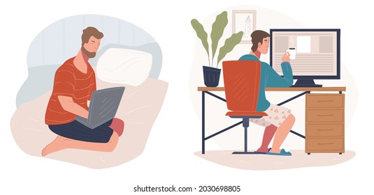 Male characters focused on work, people working from home and completing tasks and projects. Developers or programmers, personage with cup of coffee by table. Vector in flat style illustration