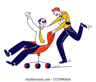 Male Characters Fooling Take Part in Chair Racing in Office. Business People Engage Colleagues Competition Shouting and Gesturing while Riding Armchair, Corporate Lifestyle. Linear Vector Illustration