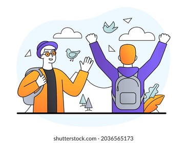 Male characters with future vision with positive and happy attitude or freedom feeling on white background. Concept of inspiration or motivation scene with nature. Flat cartoon vector illustration
