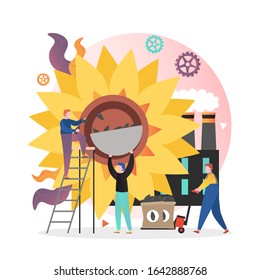 Male characters harvesting sunflower seeds from plant large flower head, vector illustration. Sunflower oil production concept for web banner, website page etc.