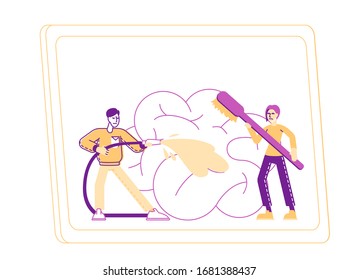 Male Characters with Hose and Brush Washing Huge Human Brain on Television Screen. Brainwashing and Mass Media Propaganda and Manipulation Concept. False Information. Linear People Vector Illustration