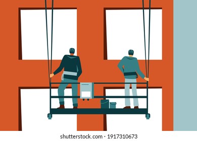 Male characters industrial climbers climb in a cradle on the roof of a building. Guys painters with equipment and paints on the background of flat windows of the house.