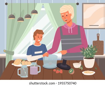 Personajes masculinos en la cocina preparando cóctel de frutas, bebida vegetariana de batido en batidor