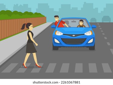 Male characters looks at female pedestrian on crosswalk. Car stops at pedestrian crossing to give way woman. Man leaning out the car window to talk girl. Flat vector illustration template.