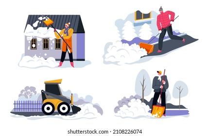 Personajes masculinos con máquinas y equipos, palas y tractores limpiando caminos y jardines de nieve. Gente trabajando en el jardín en invierno, ventiscas y tormentas de nieve al aire libre. Vector de estilo plano