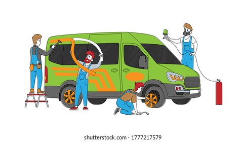 Male Characters Making Auto Tuning and Modernization in Garage Salon Sticking Duct Tape, Painting Car Body, Upgrade Wheels. Modification Service for Transportation. Linear People Vector Illustration