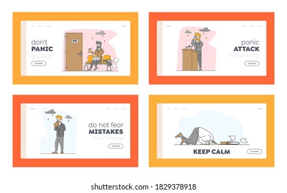 Männliche Zeichen mit Panikattackenlandeseite Template Set. Psychologie, Einsamkeit, Angst, psychisches Gesundheitsproblem. Depressive traurige Männer erschrecken, sich im Boden verstecken. Vektorgrafik von Linear People