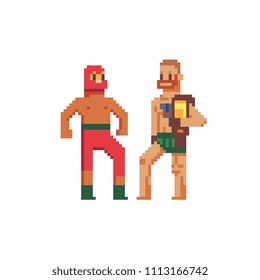 Male characters pixel art icon. Ancient man and Mexican wrestler luchador fighter isolated vector illustration. Game assets 8-bit sprite sheet. Design magnets, stickers, app