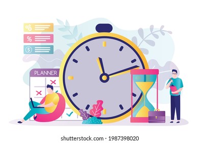 Male characters planning a schedule. Businessman writes to-do list into planner. Concept of time management and self-discipline. Big clock and hourglass. Work optimization. Flat vector illustration