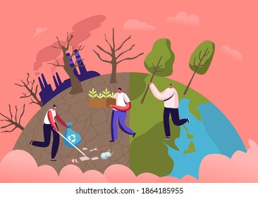 Male Characters Planting Seedlings and Trees into Soil in Garden, Remove Garbage. Save World, Reforestation, Revegetation. Nature, Environment and Ecology Concept. Cartoon People Vector Illustration