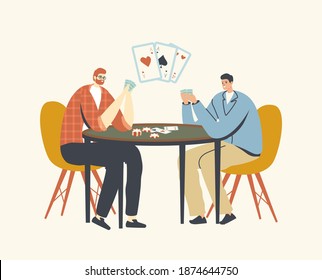 Male Characters Playing Cards Sitting at Table in Casino. Bad Habits and Gambling Addiction Concept, Young Men Playing Gambling Games, Leisure Activity, Gaming. Linear People Vector Illustration