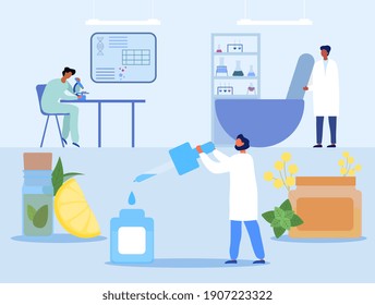 Male characters are preparing natural remedies step-by-step. Male researchers and scientists working with professional equipment in laboratory. Flat cartoon vector illustration