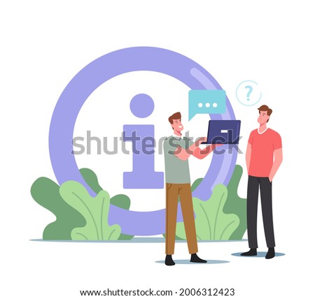 Male Characters Read Information on Laptop near Huge Info Desk Symbol. People in Supermarket, Airport or Shopping Center Ask Questions, Searching Information and Support. Cartoon Vector Illustration