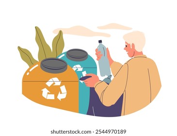 Male Characters Recycling Plastic Bottles In Colorful Recycling Bins With Leaves In The Background Emphasizing Eco-Friendly Practices And Sustainability. Cartoon People Vector Illustration