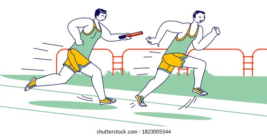 Male Characters Running Relay Race on Stadium. Sportsmen Overcome Distance in Raw with Baton. Sport Jogging Competition. Athlete Sprinter Sportsmen Run Sprint Race. Linear People Vector Illustration