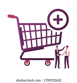 Male Characters Shaking Hands at Huge Shopping Trolley Isolated on White Background. Procurement, Goods Purchase and Successful Deal between Seller and Buyer. Cartoon People Vector Illustration