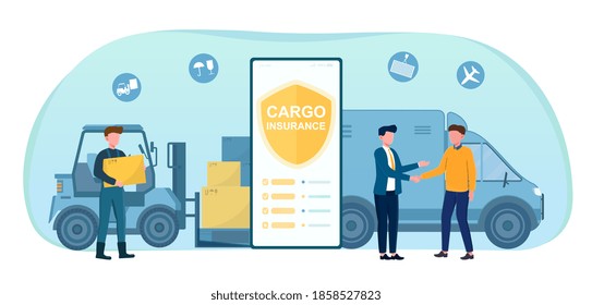 Male characters shaking hands making cargo insurance deal. Making import and export logistics with no worry about safety with from start till the end. Flat vector illustration