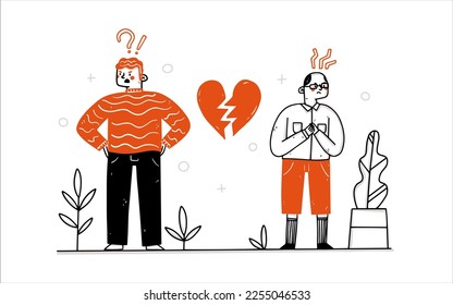  Personajes masculinos gritando, culpando y criticando. Uso para web, afiche, banner. Concepto de romper la relación amorosa. Divorcio. Antigua pareja. Conflicto entre amantes. Parando pareja homosexual. 