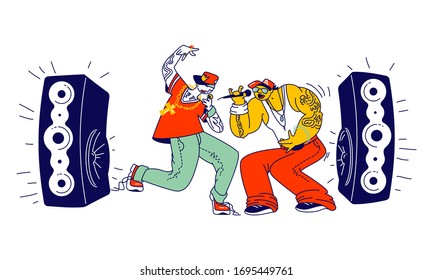 Male Characters Singing Rap Music on Stage with Microphones and Dynamics. Hip-Hop Festival Performance or Audio Track Recording on Studio. Young Artists Rappers. Linear People Vector Illustration