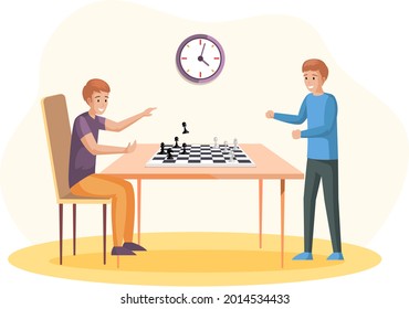 Male characters sitting at table and playing chess in living room. Person holding in hand chess figure. Brathers spend time together and have fun. Family playing strategy logic game at home