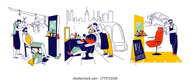 Male Characters at Street Barber, Beauty Service Stylist in Apron with Haircut Tools Cut Client Hair or Beard in Outdoor Barbershop, People in Gentlemanly Haircutting Salon. Linear Vector Illustration