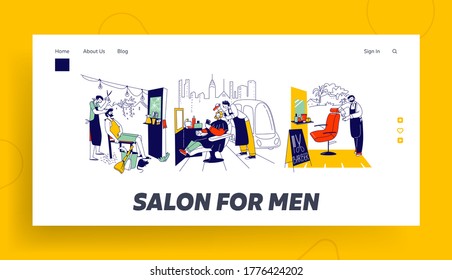 Male Characters at Street Barber Landing Page Template. Beauty Service Stylist Cut Client Hair or Beard in Outdoor Barbershop, People in Gentlemanly Haircutting Salon. Linear Vector Illustration