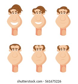 male characters suffering from hair loss on the head with unfortunate facial expressions, cartoon. Vector illustrations isolated on white background.